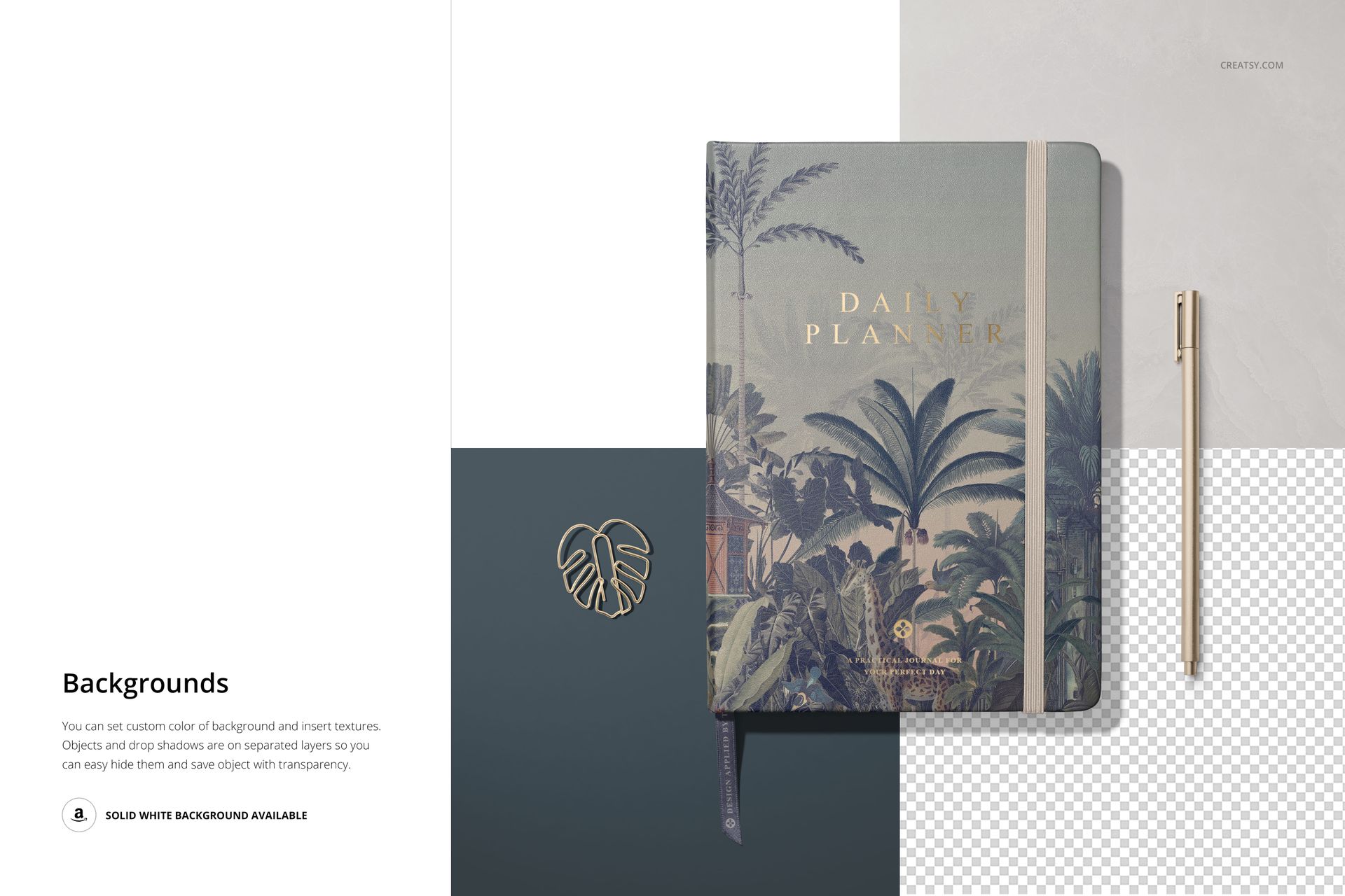 Leather notebook mockup featuring a botanical cover design, shown from a top view with a pen and leaf-shaped accessory.