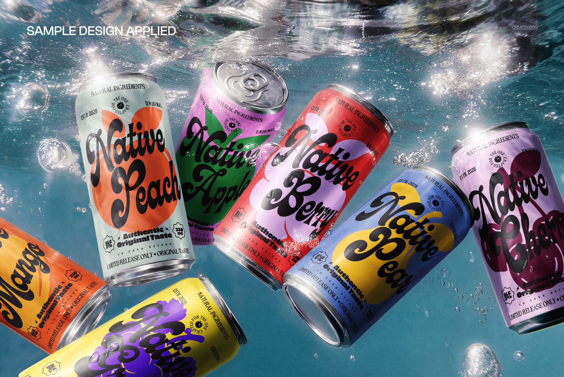 Six colorful aluminum soda cans underwater with bubbles and caustic light, shown in a wide landscape mockup scene.