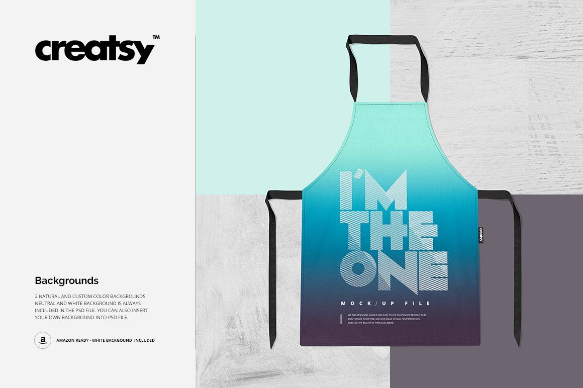 Apron mockup featuring a blue to teal gradient design and large white letters, shown flat with black straps.