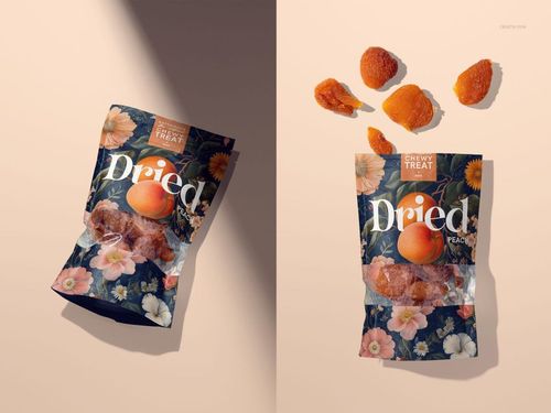 Dried peach paper bag mockup showing floral packaging with fruit pieces and clear window, photographed on beige.