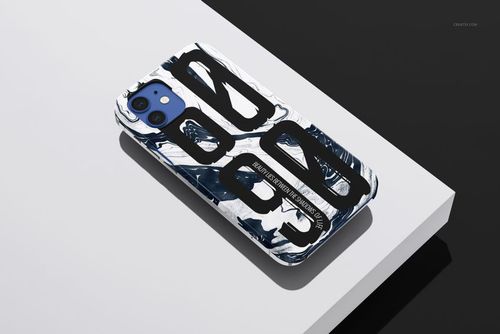 iPhone 12 case mockup featuring glossy finish and bold black graphics on a marbled white background, angled view.