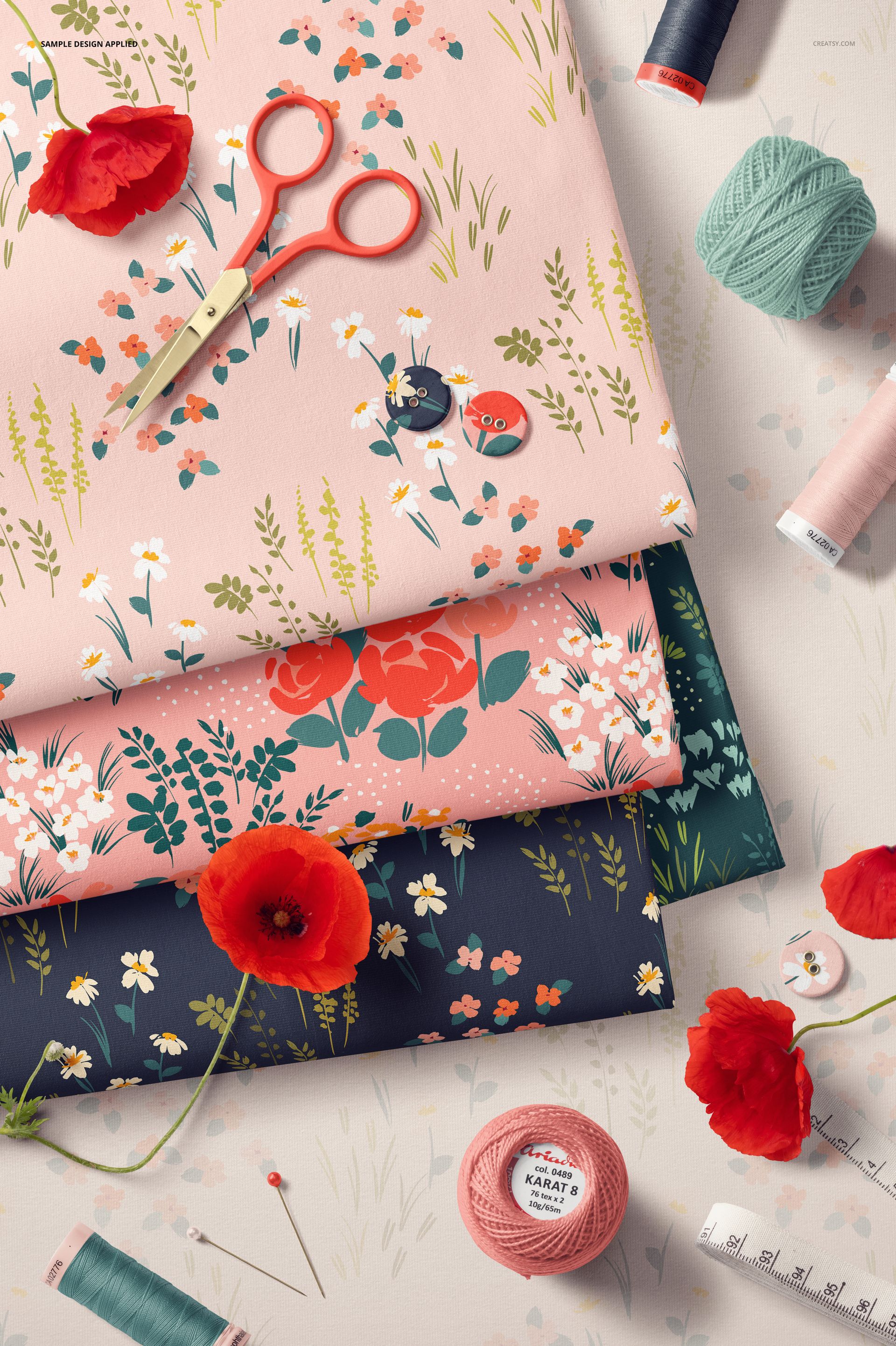 Jersey Fabrics, Sewing Tools and Flowers Mockup - mockup screenshot 4