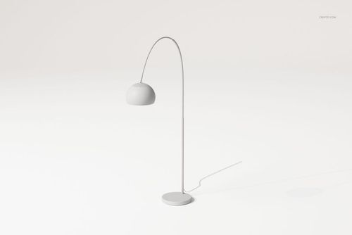 Minimalist flexible floor lamp with curved metal stand and dome-shaped shade on a round base, front view.
