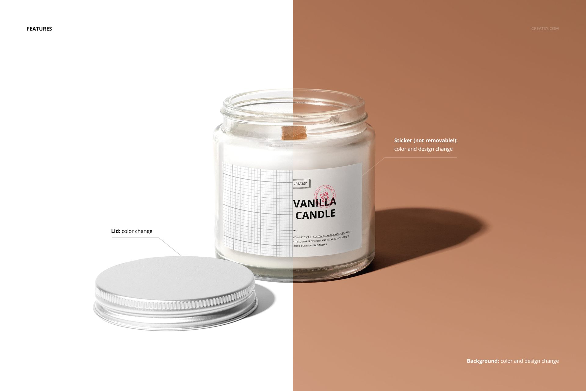 Front view of a vanilla scented candle mockup in a transparent jar, featuring a removable lid and customizable label.