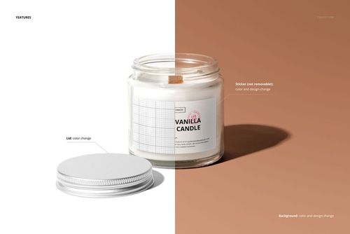 Front view of a vanilla scented candle mockup in a transparent jar, featuring a removable lid and customizable label.