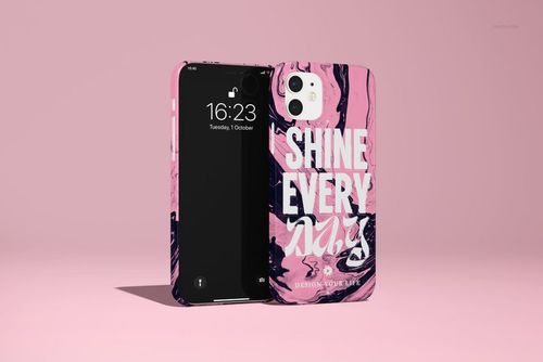 Glossy snap case mockup for iPhone 12 featuring a pink and black marble pattern with bold white text, front and back view.