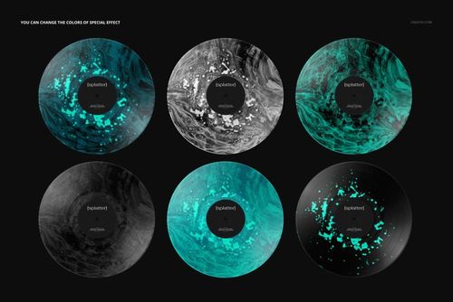 PSD mockup of vinyl records with abstract splatter patterns in monochrome and teal, arranged in two rows on a dark surface.
