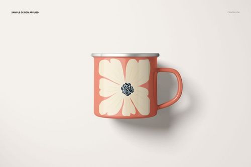 Front view of a 360ml enamel mug mockup with silver rim and floral pattern on a coral-colored surface.
