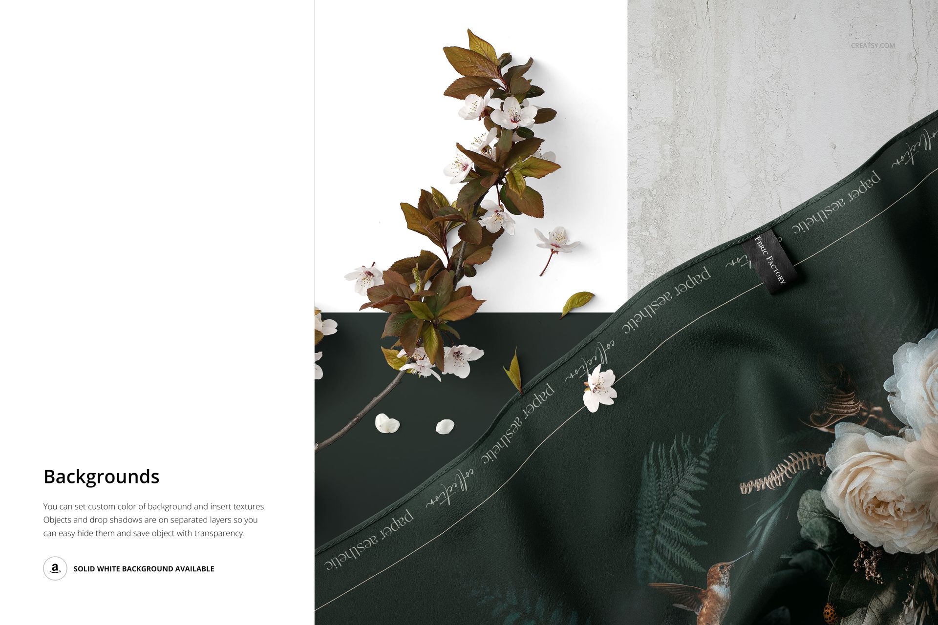 Silk scarf mockup showing detailed stitching and botanical print, displayed with small white flowers and leaves.