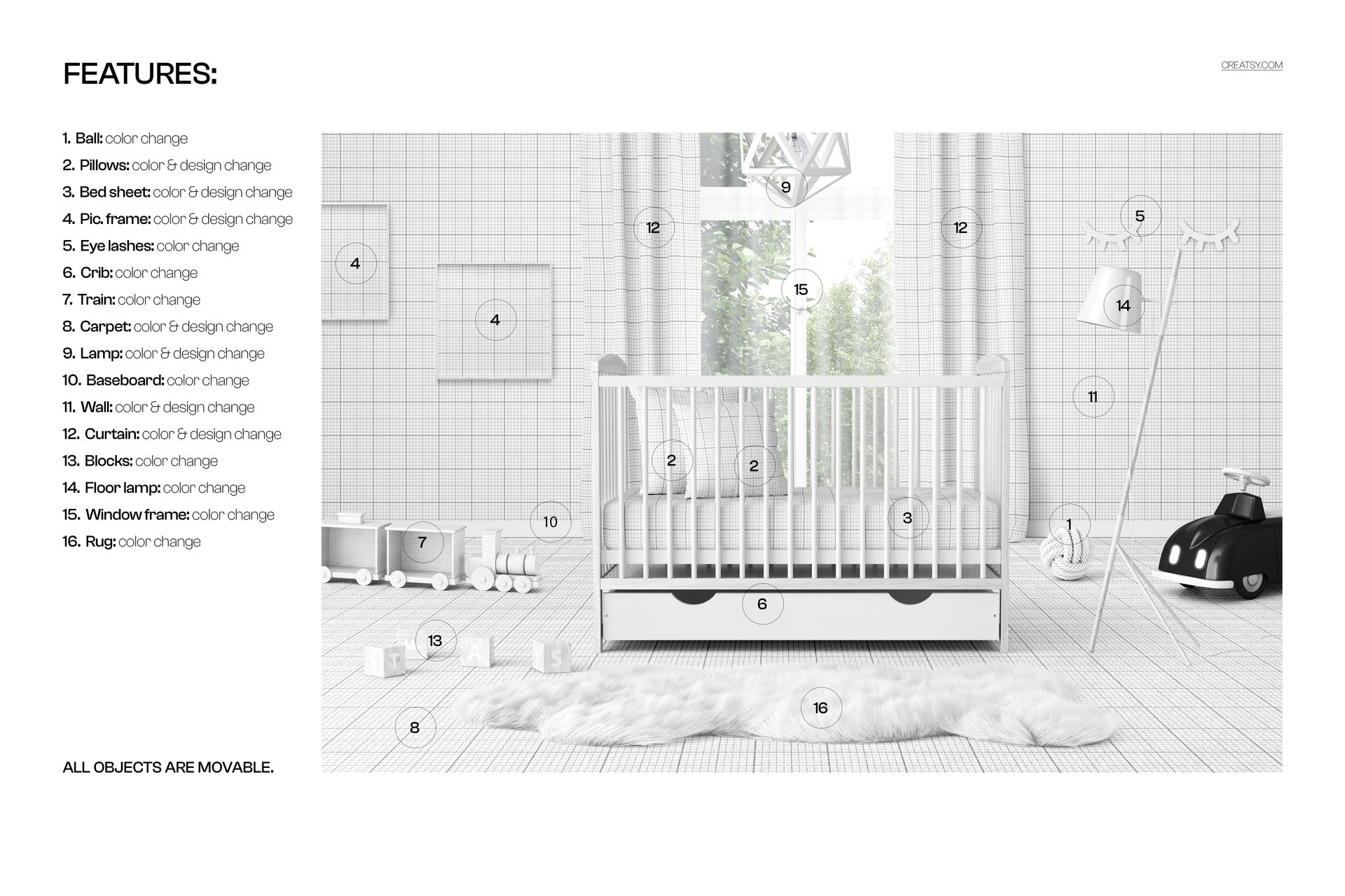 Front view of a baby crib with white bedding and storage drawer, surrounded by nursery decor in a PSD mockup scene.