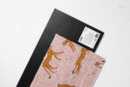 Rectangular coir door mat mockup featuring playful orange cheetahs on a beige background, seen from above.