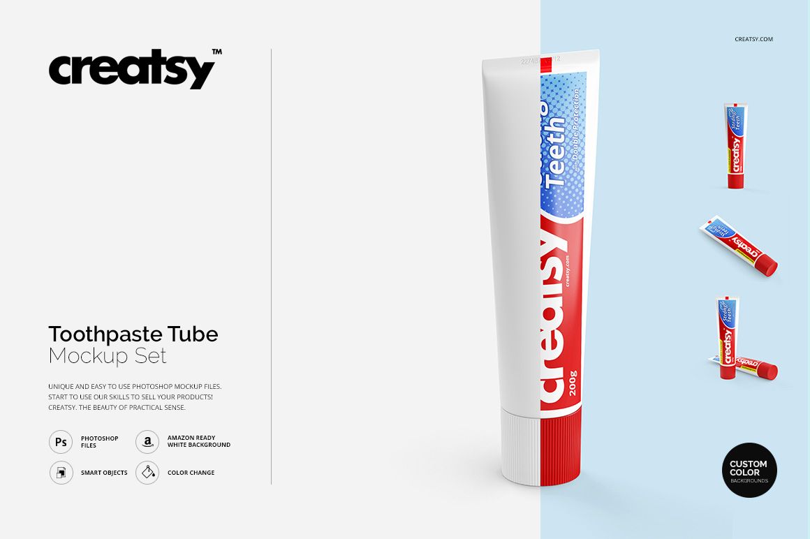 Toothpaste tube mockup featuring a vertical tube with red and blue accents, shown on a clean white and blue backdrop.