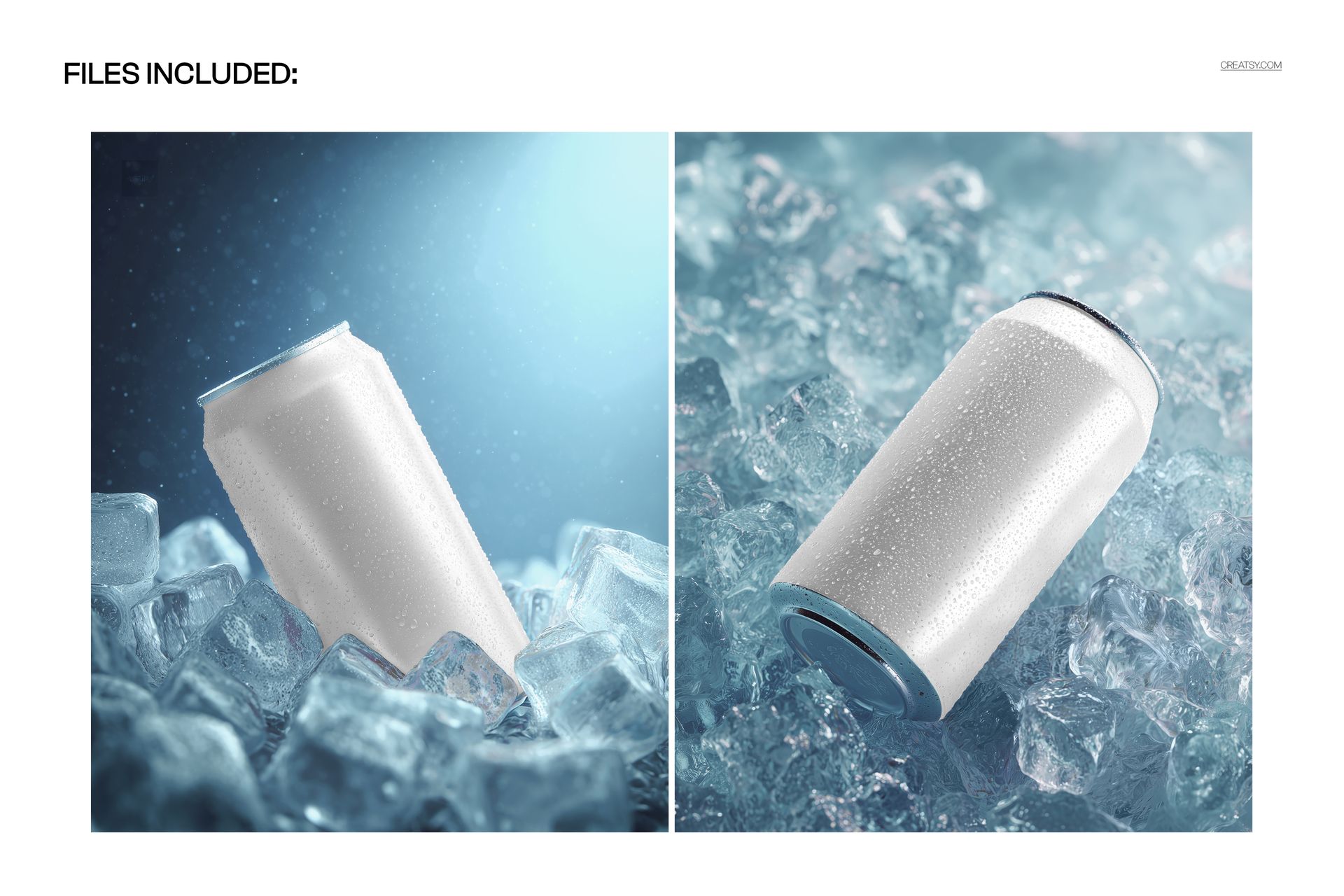 Mockup of plain beverage cans surrounded by ice cubes, featuring close-up views and water droplets on the surface.