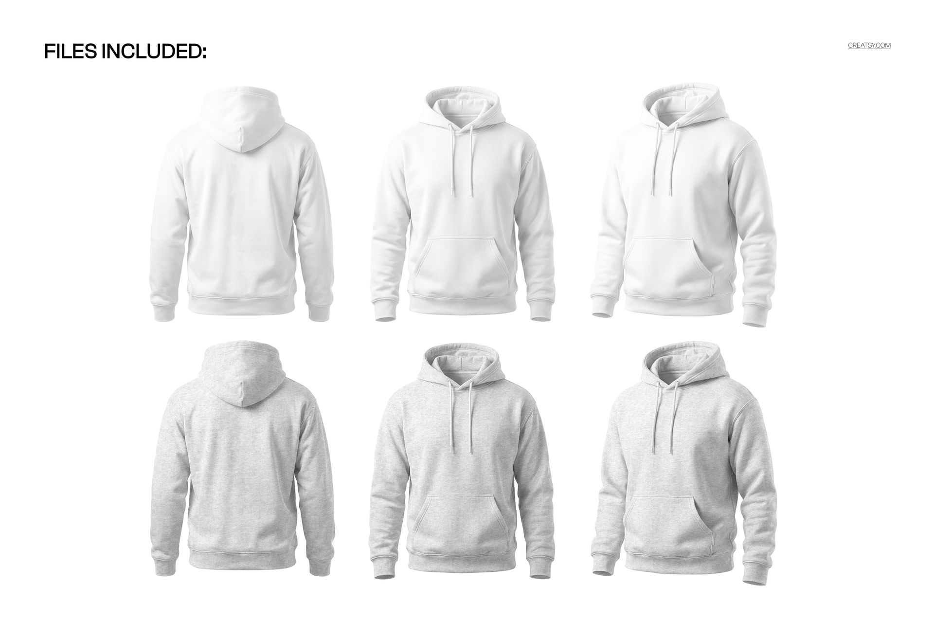 Men's hoodie mockup set displaying six hoodies in different perspectives, including front, back, and side views.