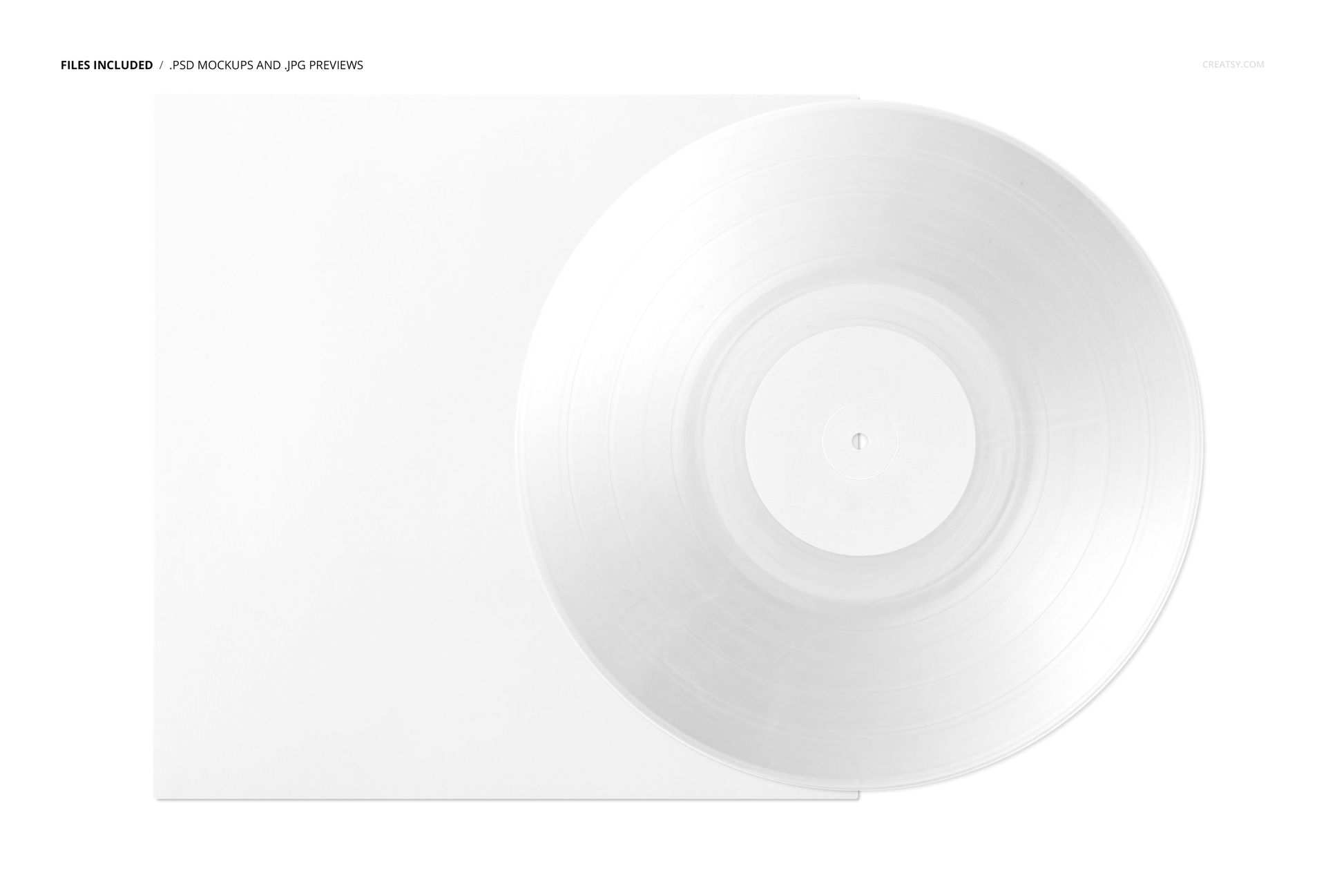 Front view of a split effect vinyl record and cover mockup, both in white, displayed on a plain background.