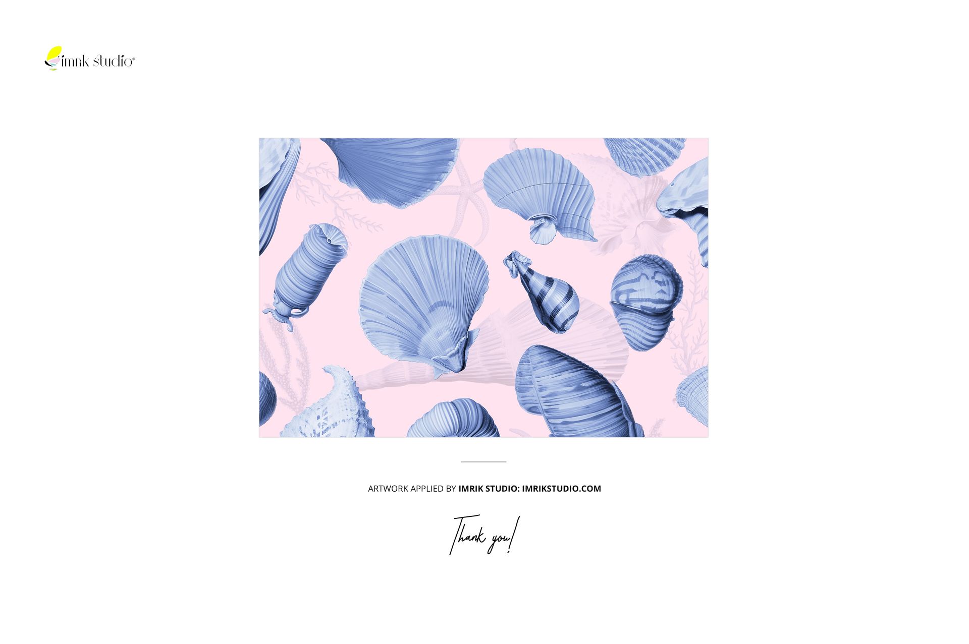Chiffon silk scarf mockup loosely laid flat, featuring blue seashell illustrations on a soft pink background.