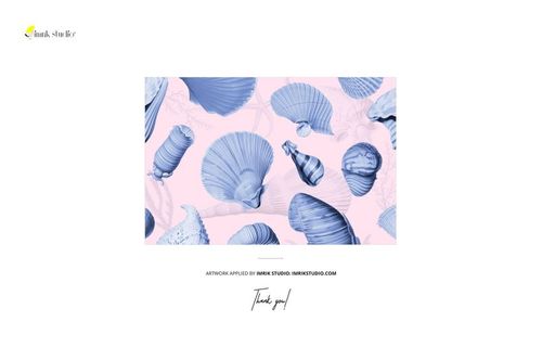 Chiffon silk scarf mockup loosely laid flat, featuring blue seashell illustrations on a soft pink background.