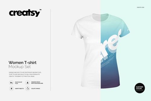 Front view of a women’s t-shirt mockup with a gradient blue and white design, displayed on a plain white background.