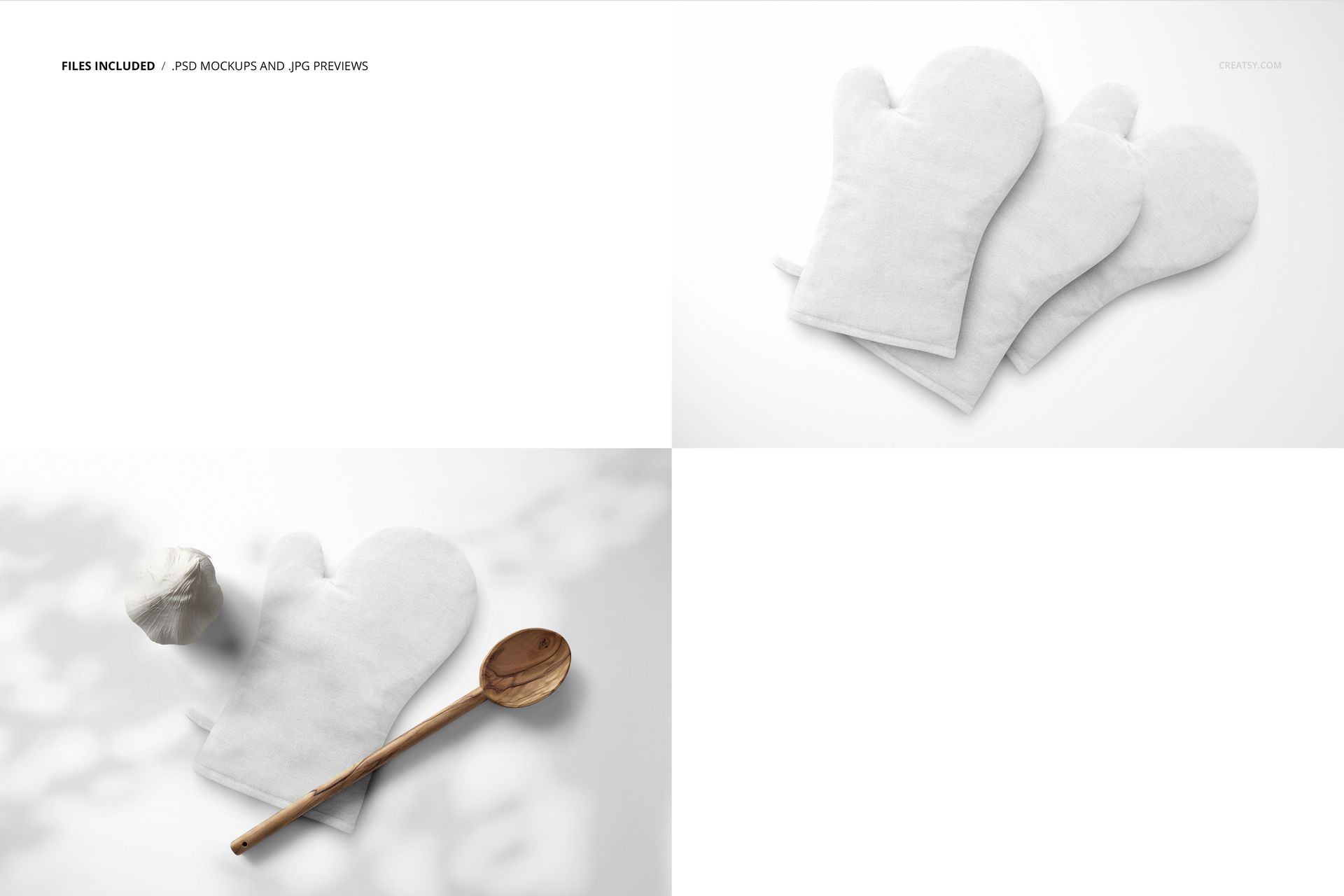 Oven mitt PSD mockup set featuring plain white mitts, a wooden spoon, and a small kitchen accessory on a light surface.