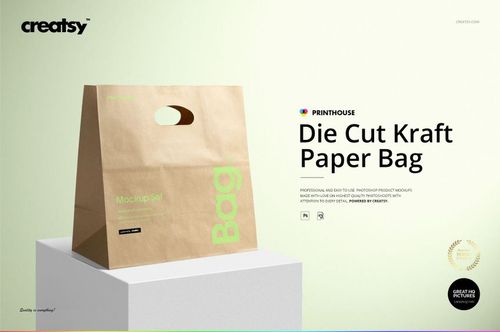 Die cut kraft paper bag mockup displayed upright, featuring a simple brown design and green text, with a die cut handle.