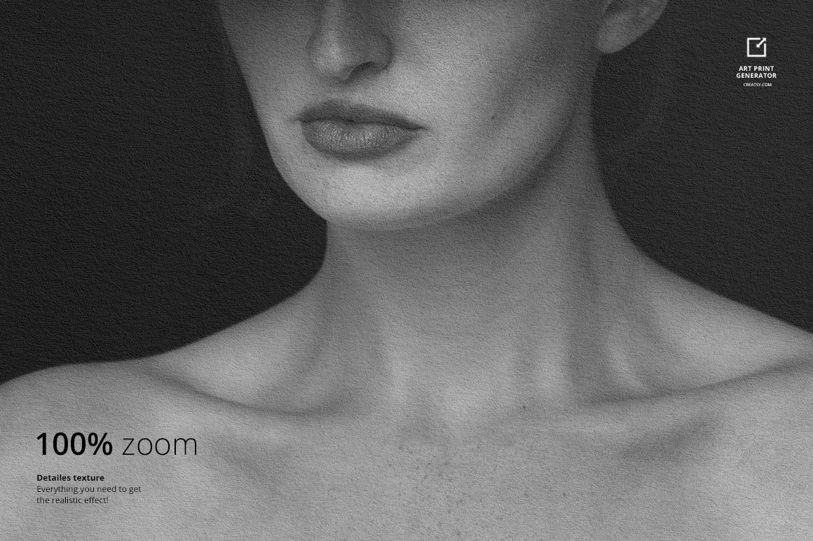 Front view of a grayscale art print mockup showing a person's neck and shoulders with a textured background.