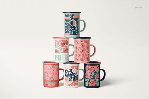 Front view of enamel mug PSD mockup set with vibrant botanical and text illustrations, displayed in a group.