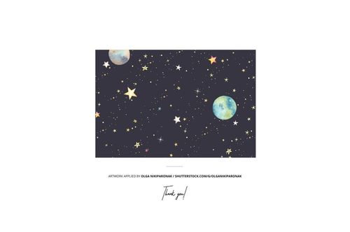 Muslin swaddle blanket mockup featuring a dark background with scattered yellow stars and planets, shown flat from above.