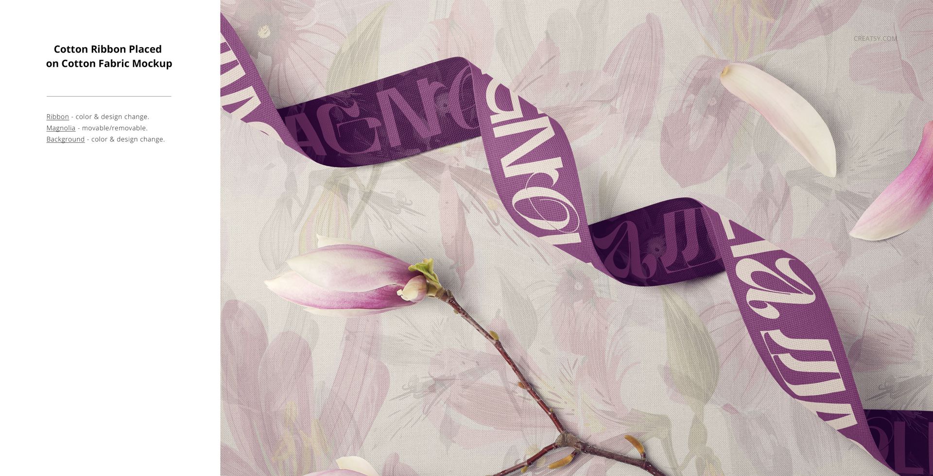 Cotton ribbon mockup featuring a purple strip with text on pastel floral fabric, surrounded by magnolia petals.
