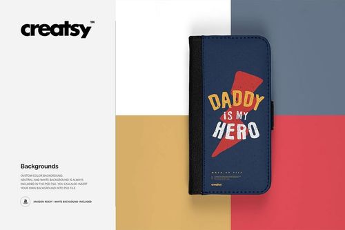 Foldable iPhone X case mockup with a blue front cover, black spine, and bold graphic text, shown on a color-block background.