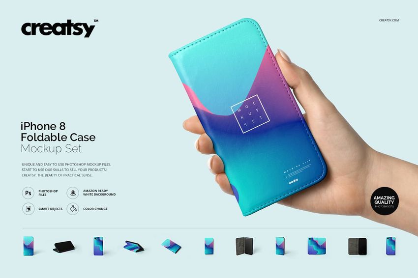 Foldable iPhone 8 case mockup featuring a vibrant blue and purple gradient, displayed in a person's hand.