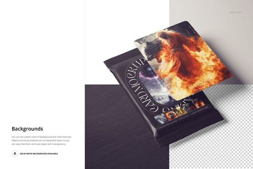 Trading card mockup featuring a dramatic fantasy illustration, with a black card pack and wood background, top angle.