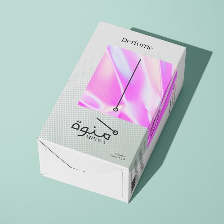 Tuck top crash lock box mockup featuring a white packaging box with a holographic pink label and black text on a light teal background.
