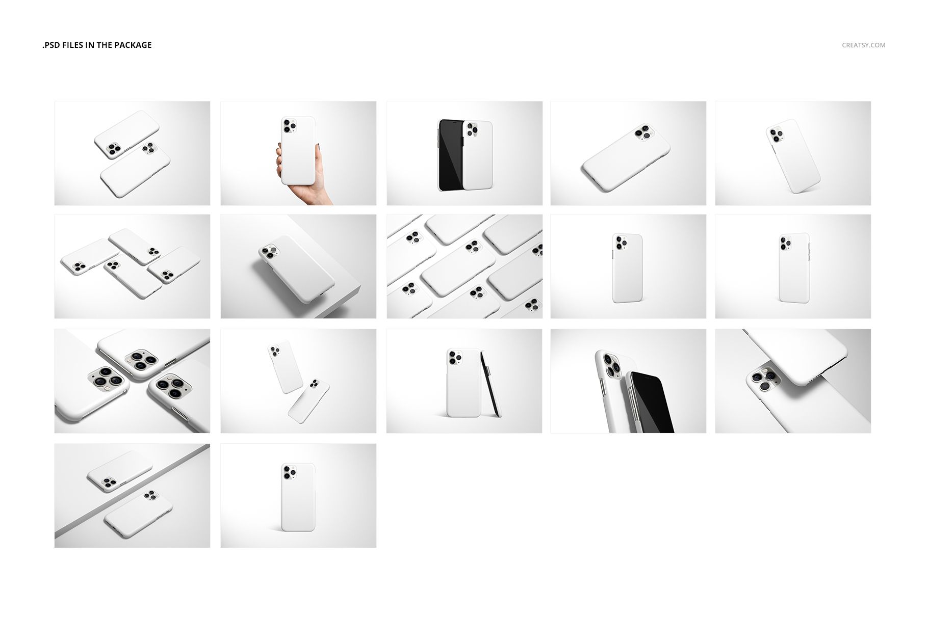 Set of iPhone 11 Pro glossy snap case mockups in various angles, featuring plain white cases on light backgrounds.