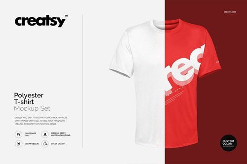Front view of a polyester T-shirt mockup split into white and red halves, featuring bold graphic text on the right side.