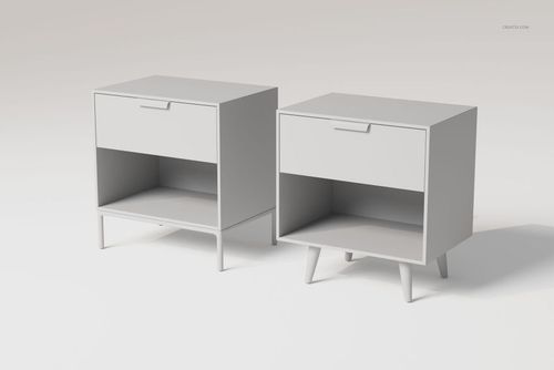 Pair of mid-century modern night stands with clean lines, white finish, and angled legs shown from a front angle.