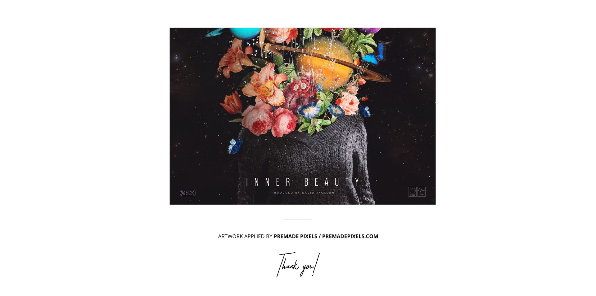 Translucent colored vinyl record mockup shown in an album cover featuring flowers and planets on a dark background.