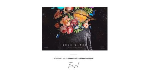 Translucent colored vinyl record mockup shown in an album cover featuring flowers and planets on a dark background.