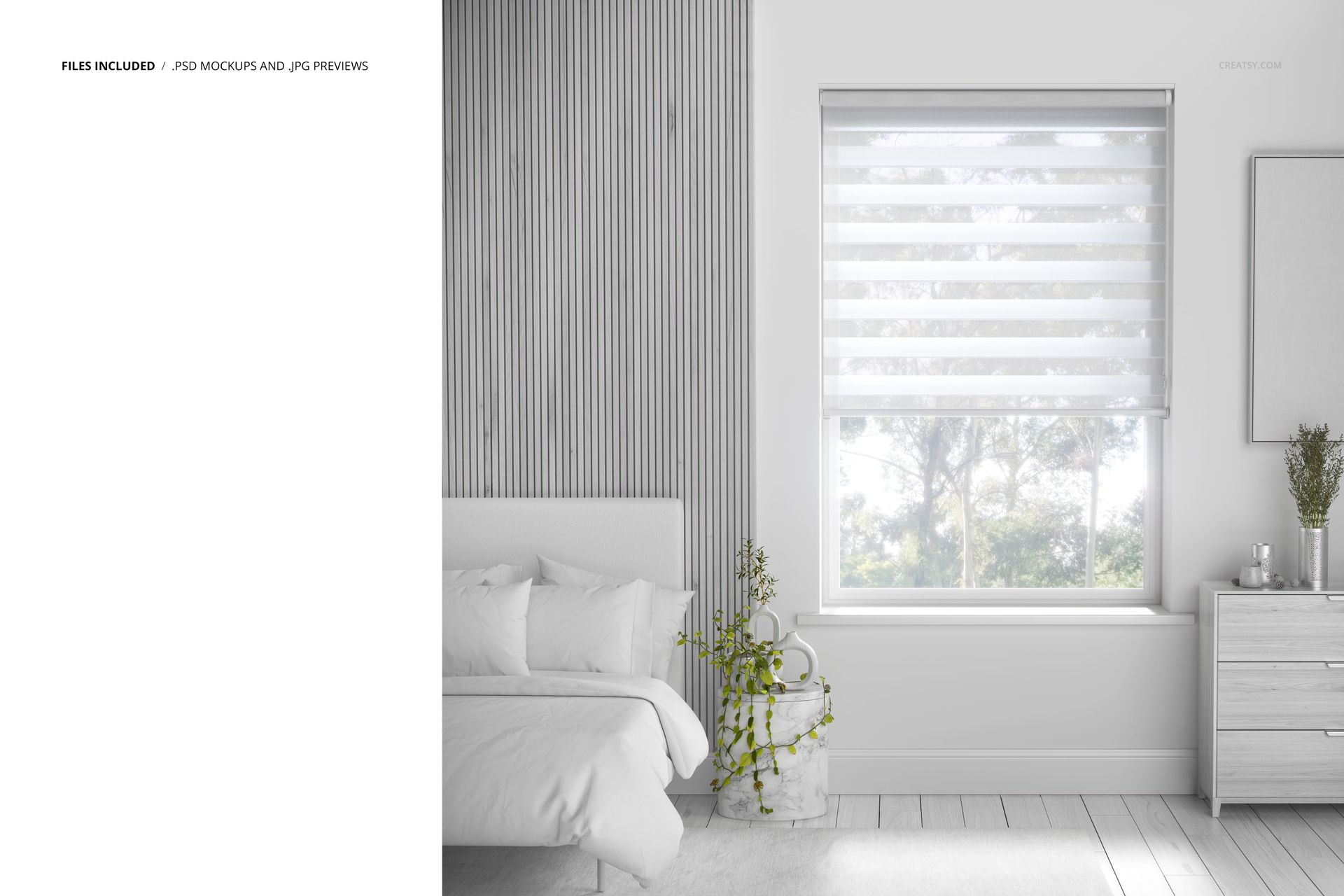 Modern bedroom mockup featuring zebra blinds, white bed with pillows, dresser, and potted plant in natural light.
