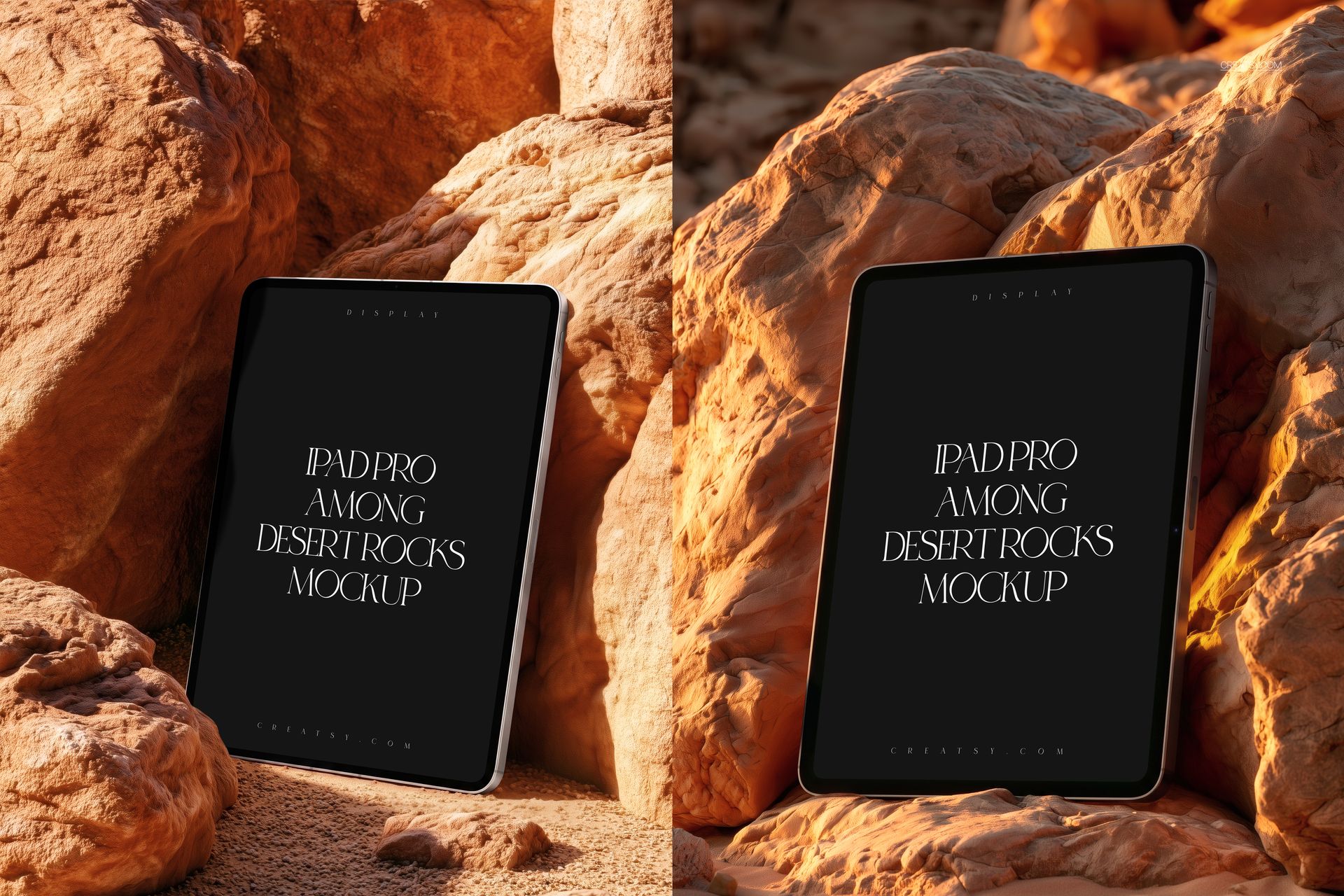 iPad Pro with black screen leaning against desert rocks, shown in a realistic outdoor mockup scene with warm lighting.