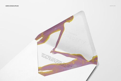 Stationery PSD mockup displaying a square card with vivid artwork inside a plain envelope, photographed from the top.