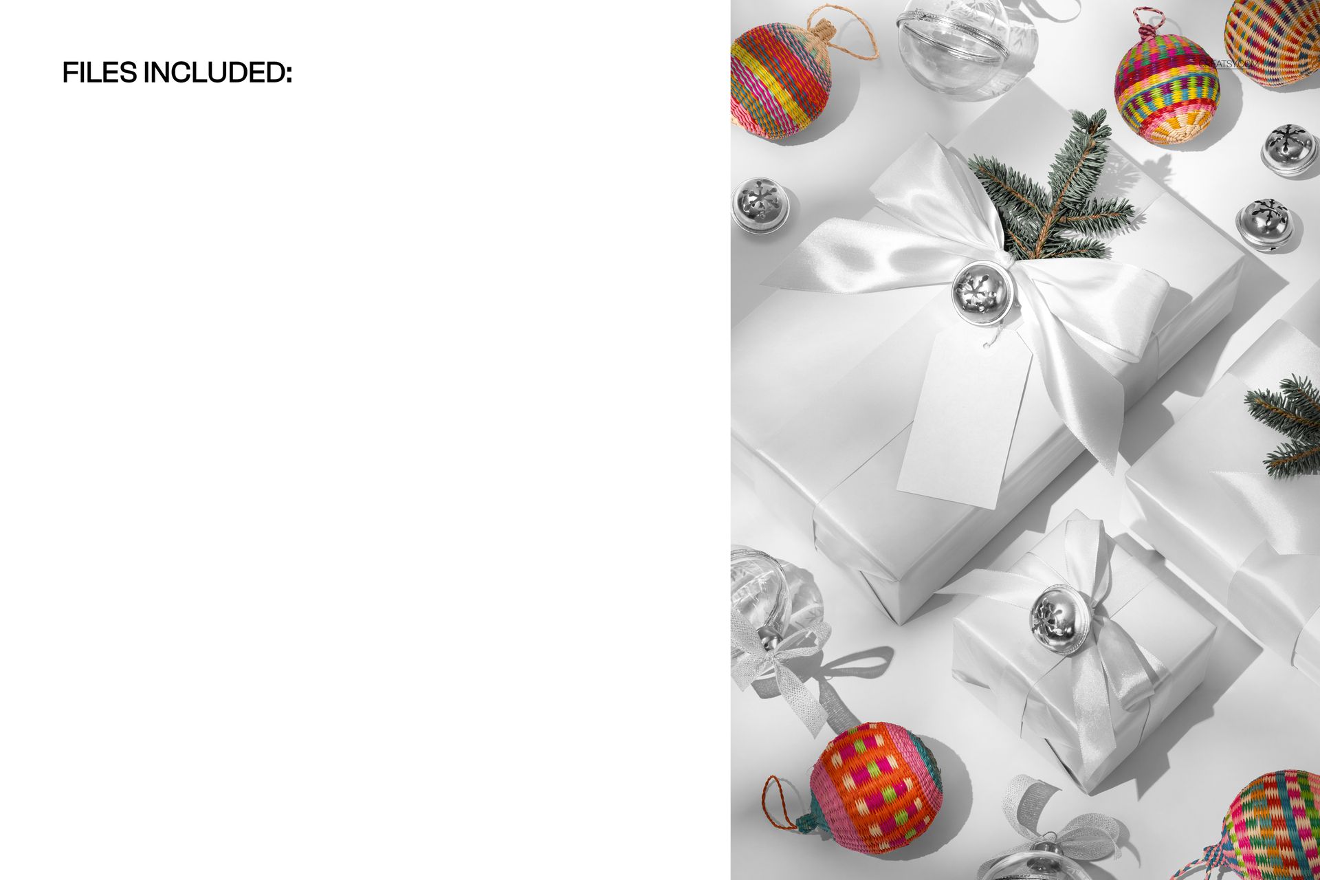 Christmas PSD mockup featuring white gift boxes with bows, silver jingle bells, pine sprigs, and festive ornaments.