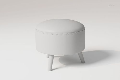 Round leather-upholstered ottoman with a smooth white surface, visible rivet details, and angled wooden legs.