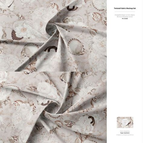 PSD mockup of patterned fabric in neutral colors, arranged in a twisted style with visible texture details.