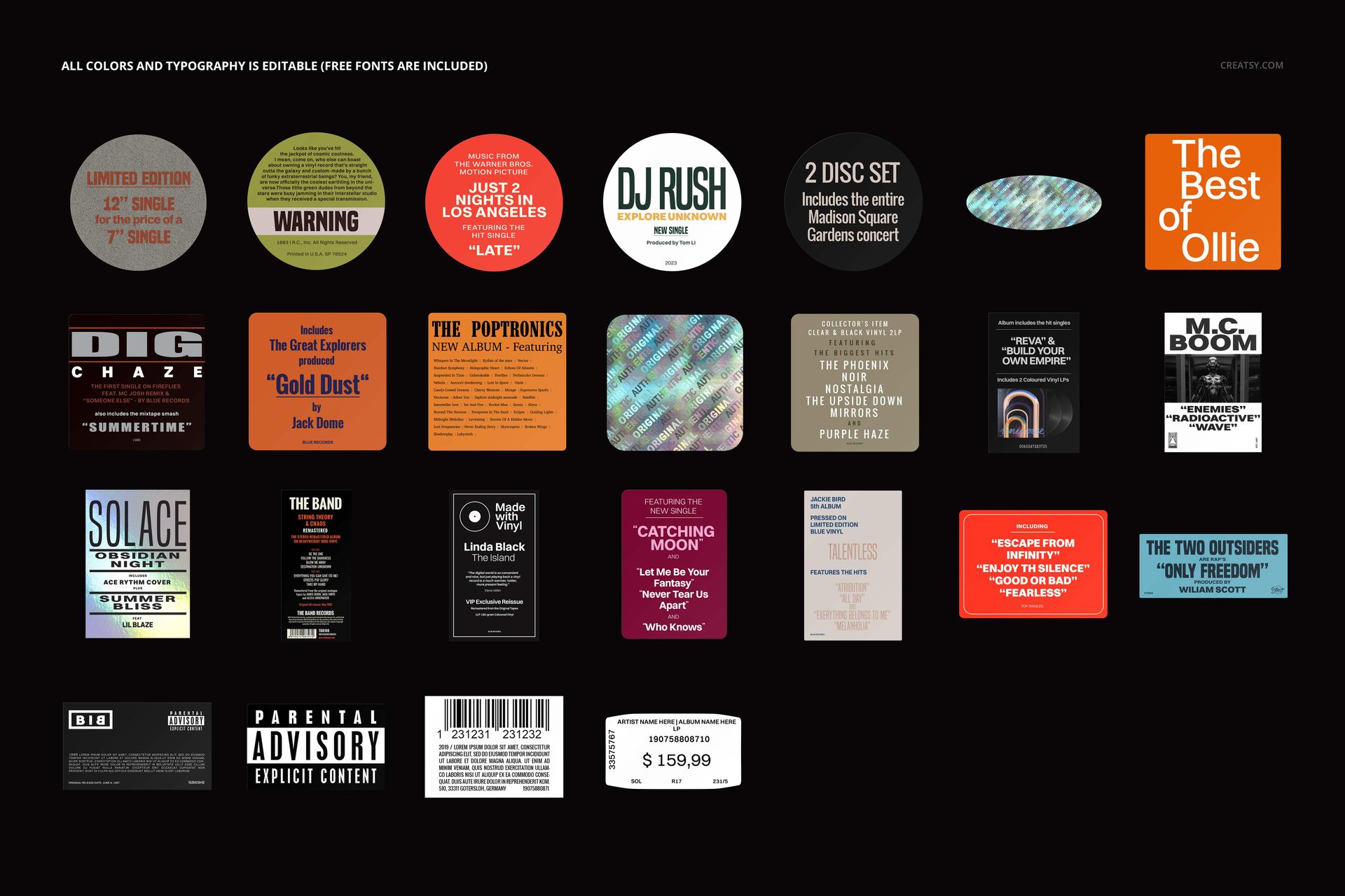 PSD mockup displaying assorted music stickers featuring diverse designs, fonts, and color schemes from a front perspective.