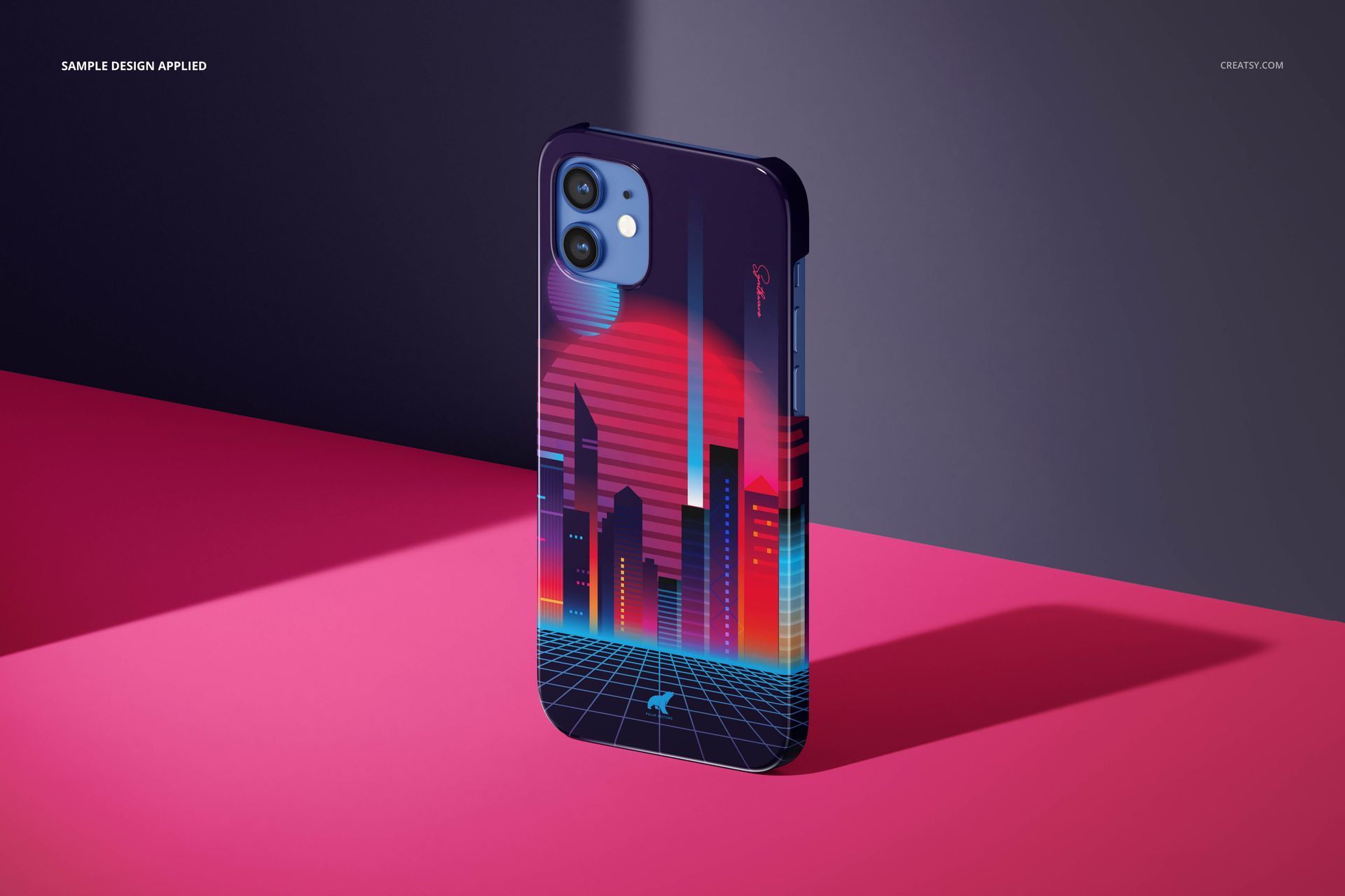 iPhone 12 glossy snap case mockup with neon city artwork, shown upright on a geometric pink background, angled perspective.