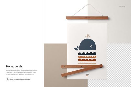 Front view of an A3 poster with a whale illustration, displayed in a wooden hanger mockup on a neutral background.