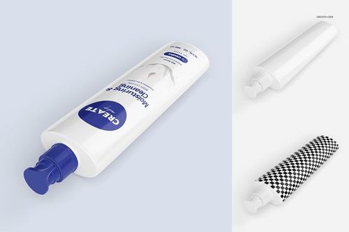 Lotion bottle mockup set featuring a white bottle with blue pump and label, shown from angled and top views.