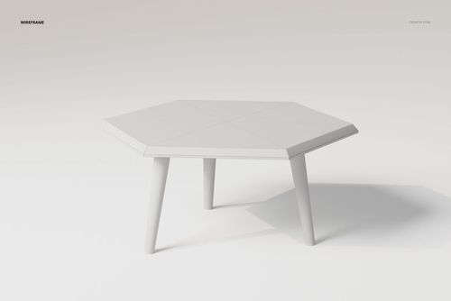 Hexagonal coffee table with a minimalist white surface and three angled legs, shown from a front side perspective.