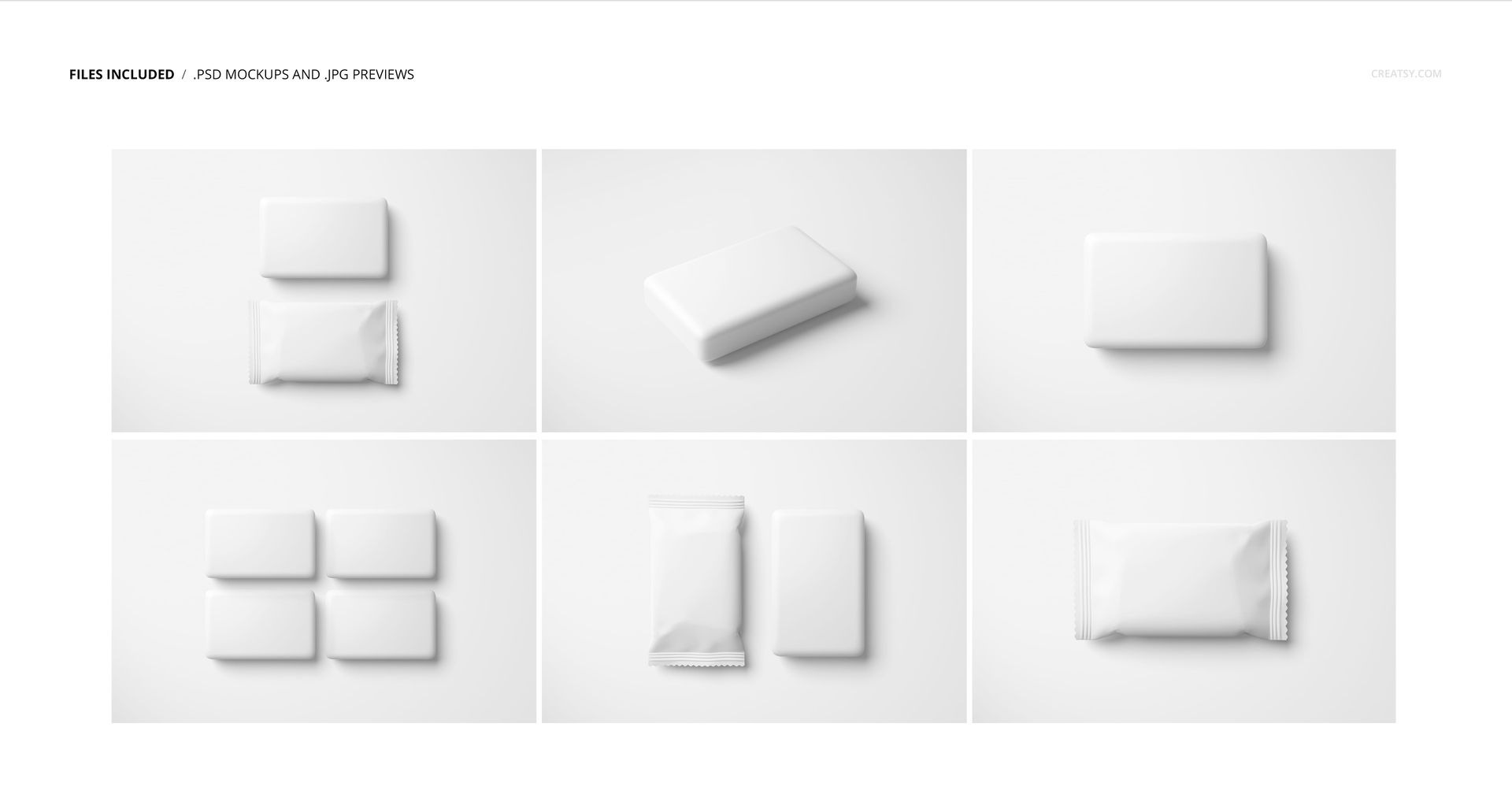 Hotel hand soap mockup set featuring six white rectangular bars and packets arranged on a clean white background.