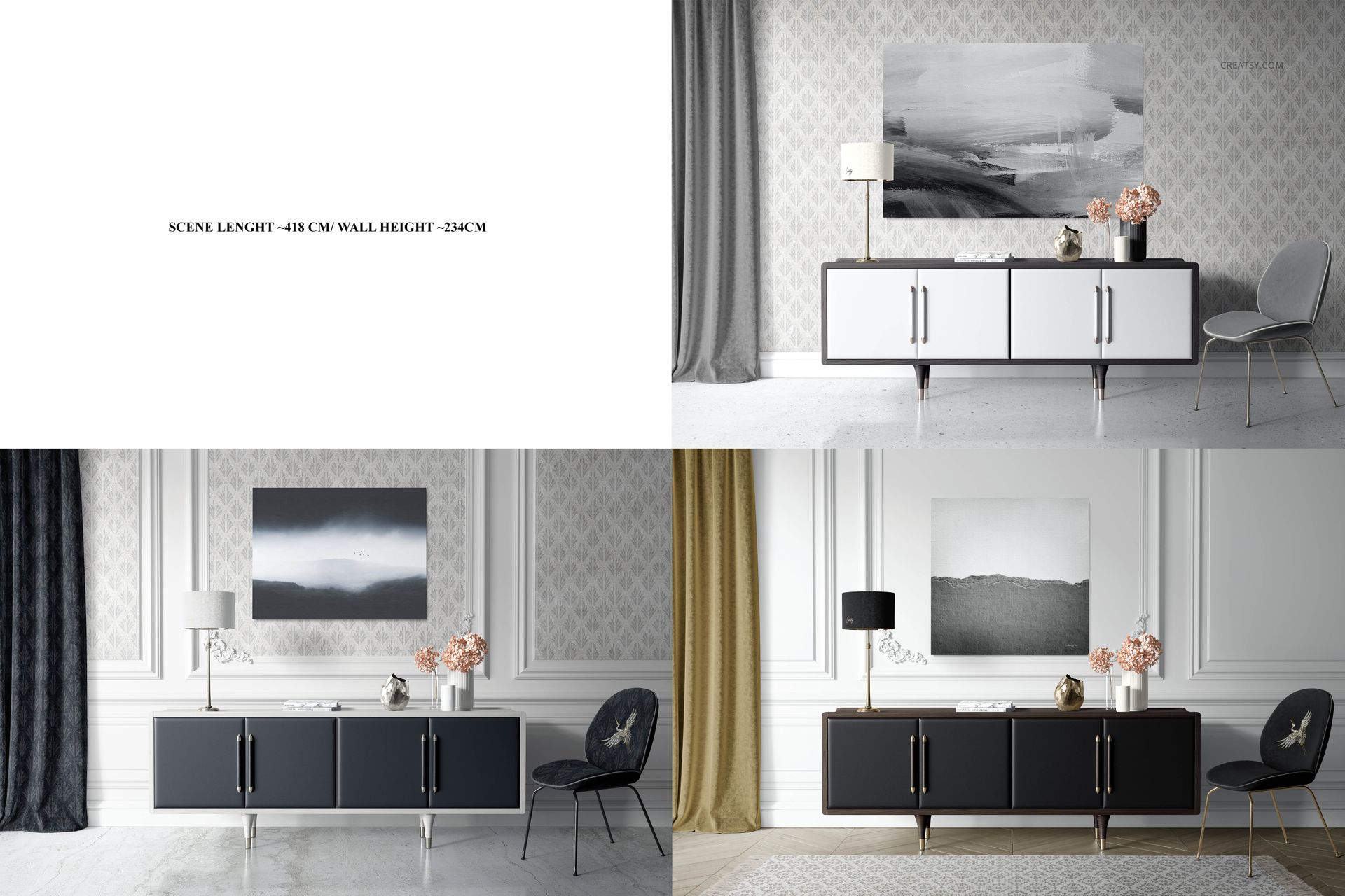 Canvas print mockup in a classic interior setting, showing a sideboard, lamp, chair, and decorative vases.